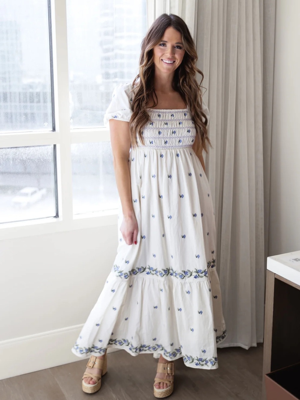Landry Kate In Bloom Madison Dress Ivory Cream Blue Embroidery